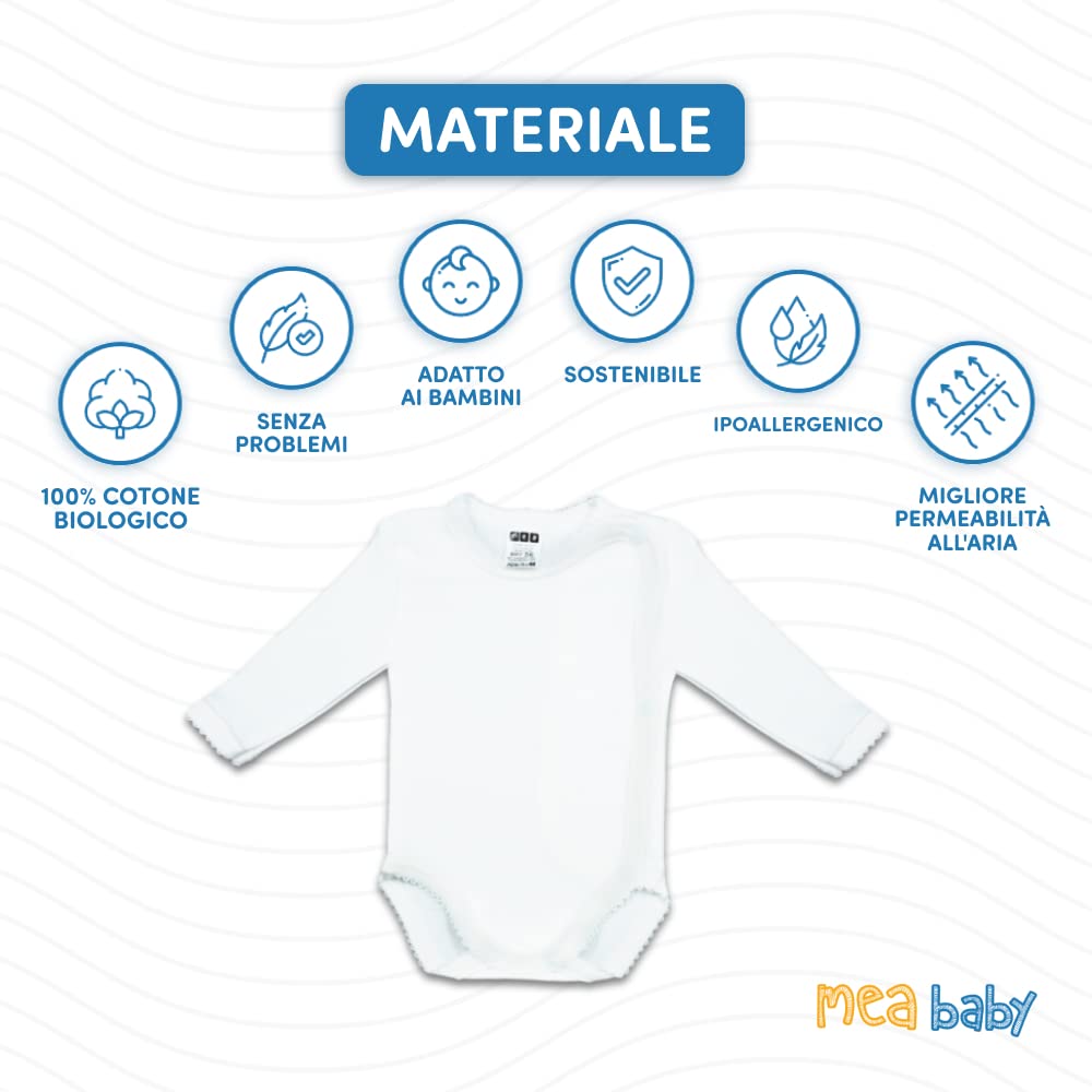 MEA BABY Body da neonato a maniche lunghe | 100% cotone biologico | Unisex | Body da bambina e bambino | Colore Bianco naturale (crema) | Pratica chiusura con bottoni a pressione