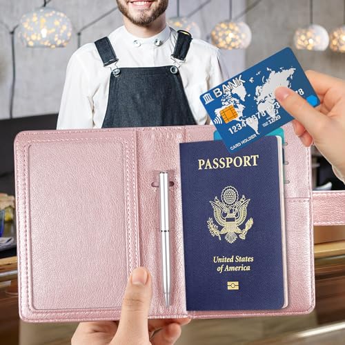 ACdream Passport and Vaccine Card Holder Combo, Cover Case with CDC Vaccination Card Slot, Leather Travel Documents Organizer Protector, with RFID Blocking, for Women and Men, Rose Gold2