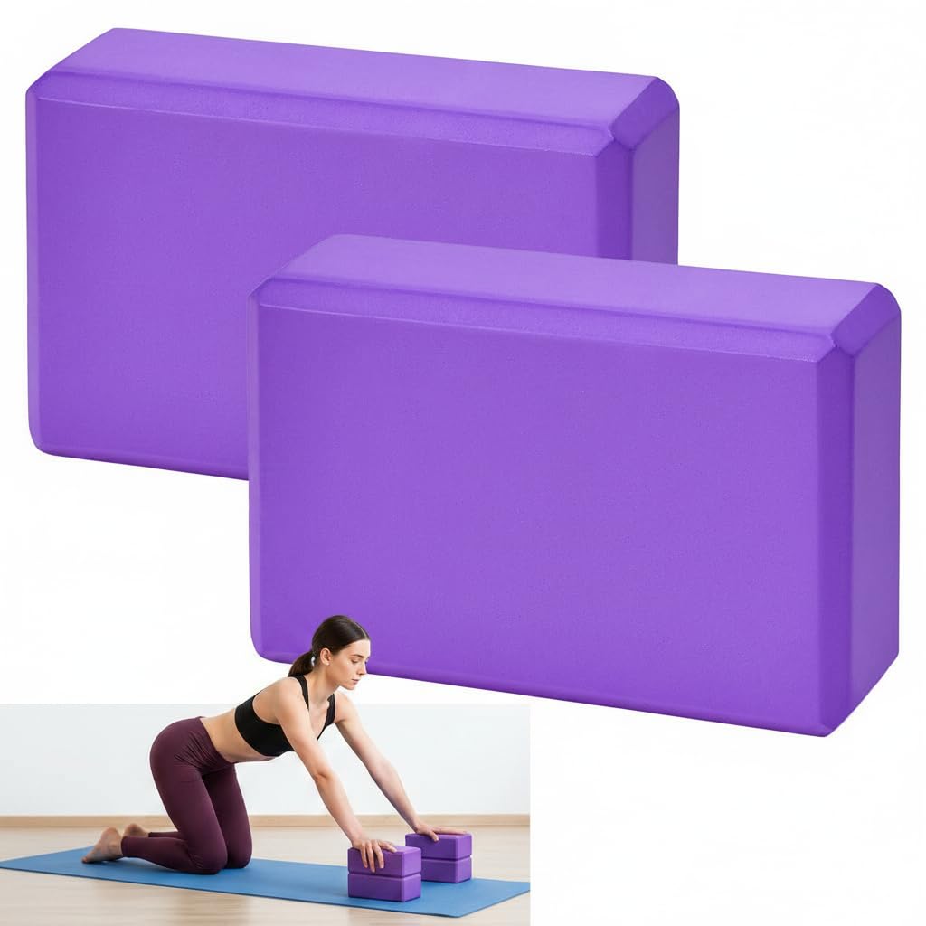 CBMZHF High Density EVA Foam Yoga Blocks 2 Pack, Non-Slip Portable Gym Bricks, Fitness Support Accessories for Yoga, Pilates, Warm-Up, Meditation & Post-Rehab Exercise（Purple）