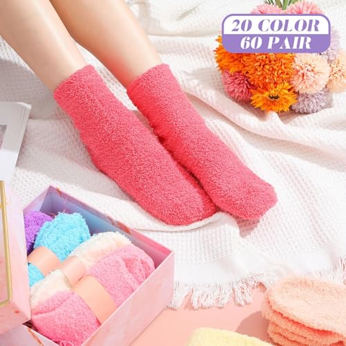 Image of Handepo 60 Pairs Women Fuzzy Socks Bulk Winter Warm Soft Fluffy Crew Sleeping Slipper Socks for Back to School Birthday Gifts