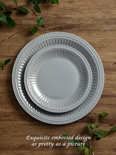 Image of Famiware Garden Plates and Bowls Set for 6, 18-Piece Kitchen Dishes Dinnerware Set - Microwave and Dishwasher Safe, Scratch Resistant, Reactive Glaze and Embossed Stoneware Tableware, Bluish Grey