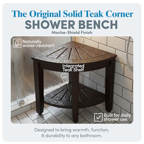 Image of AquaTeak Kai Mocha-Shield Corner 15.5 inch Teak Shower Bench