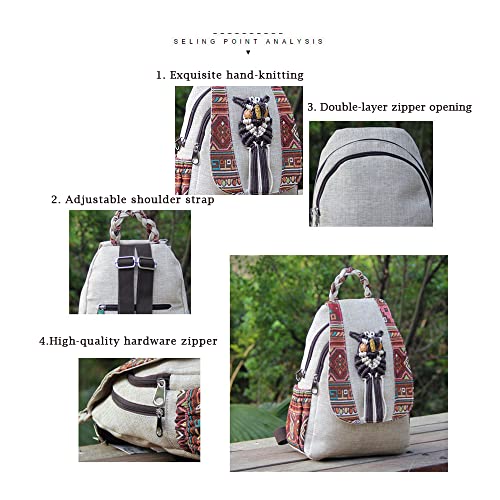 Image of Womens Boho Cotton Hemp Cloth Backpack Boho Vintage Embroidered Casual Purse Handbags Messenger Bag Owl