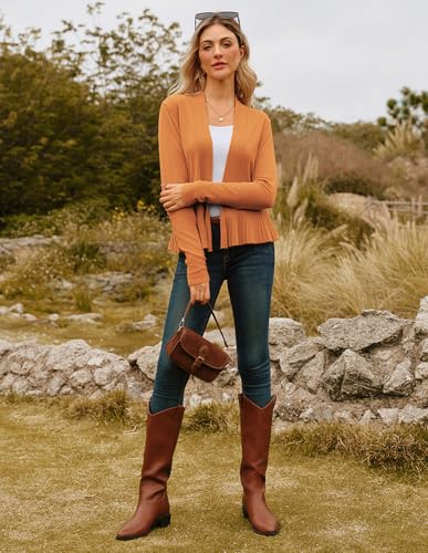 Image of GRACE KARIN Women's Lightweight Peplum Cardigan Sweaters Open Front Cropped Cardigan Long Sleeve Trendy Summer Knit Tops Light Brown M