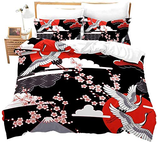 BYSQX Housse De Couette 135X200Cm avec 2 X Taies d'oreiller 65X65 Cm, 3D Imprimé Microfibre Literie Parure De Lit Linge De Lit avec Fermeture Éclair pour 2 Personnes Japon Animaux Grues Fleurs