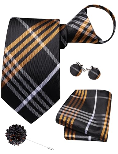 Image of Hi-Tie Zipper Ties for Men Pre-tied Tie Set Lapel Pin Pocket Square and Cufflinks Formal Business Wedding Adjustable Necktie