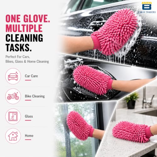 Image of Btag Microfibre Double Sided Wash Mitt Cleaning Gloves | Regular Quality | Super Absorbent | Extra Large | 4 pc Pack | Baby Pink