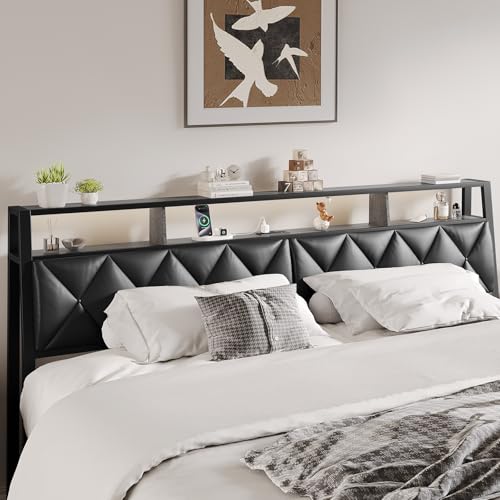 Salamir King Headboard Only, Headboard for King Size Bed with Storage, Upholstered Headboards with LED Lights & Charging Station, Attach Frame, Ideal for Bedroom/Dorm/Guest Room, Black, Faux Leather