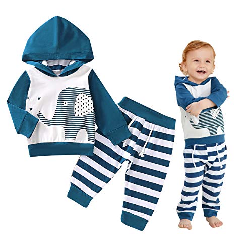 Baby Boy Girl Clothes Toddler Elephant Sweatsuit Long Sleeve Hoodie Tops Striped Long Pants Fall Winter Kids Outfit Set Blue 18-24 Months
