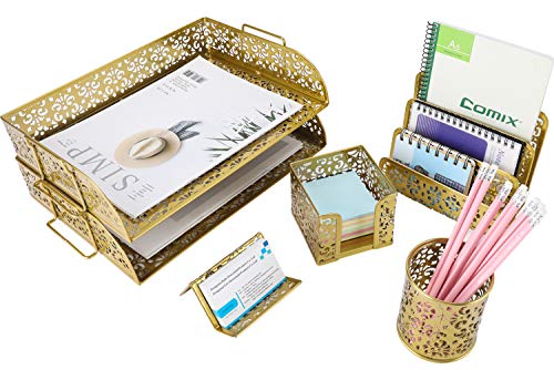 EasyPAG 5 in 1 Desk Organizer Set - 2 Tier Stackable Desk Letter Tray,Letter Sorter, Pen Holder,Business Card Holder and Stick Note Holder,Gold