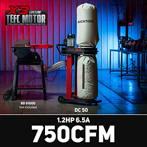 Image of BUCKTOOL 1.2 HP Auto Start 750CFM Dust Collector with 3 Dust Collection Bag, 5.4 Cubic Bag Capacity and 5 PCS Reducer for Woodworking DC50