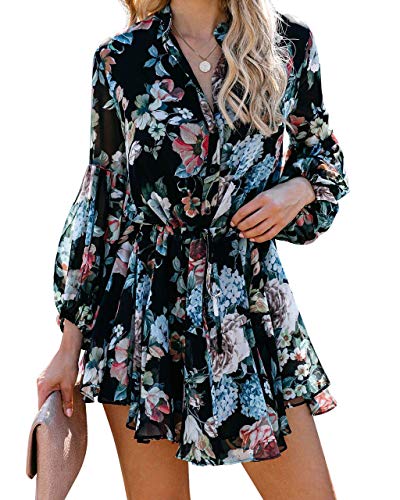 ROVLET Women s Floral Boho V-Neck Button Down Long Sleeve Ruffle Elastic Waist Printed Mini Dress Beach Sundress (Black-Floral, Large)