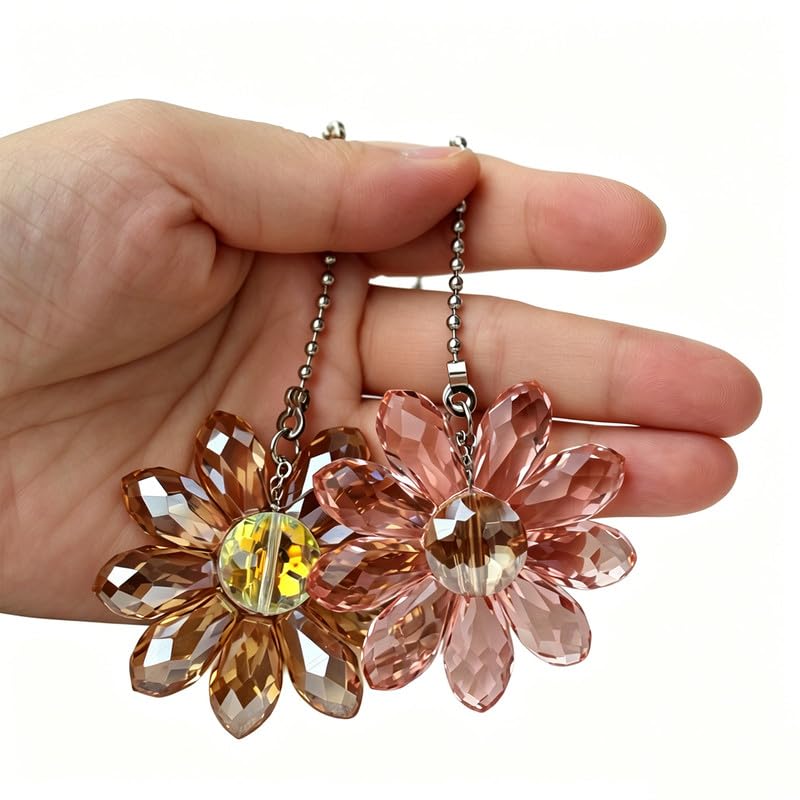 Image of Crystal Ceiling Fan Pull Chain Colorful Hanging Sunflower Set, 2 Pcs 24 inch Glass Pendants with Chain Connector(Orange and Pink)