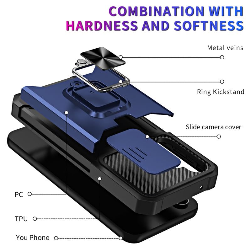 Image of LuxuryKase Shockproof Armor Case for Samsung Galaxy S25 | Slide Camera Cover | Hidden Card Slot | Rotating Ring Kickstand | Magnetic Car Mount Support | Military Grade Protection - Blue