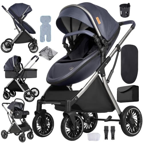Cochecito de bebé 3 en 1 con modo moisés,sistema de viaje plegable,cochecito reclinable,recién nacido a niño pequeño,ruedas todoterreno,incluye funda para lluvia,saco para pies y accesorios(Azul)