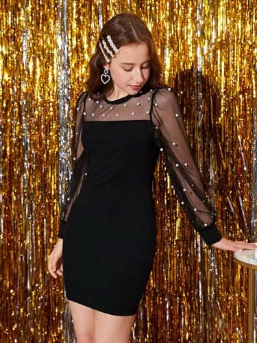 WDIRARA Girl's Pearls Beaded Contrast Mesh Bishop Long Sleeve Round Neck Bodycon Party Mini Dress4