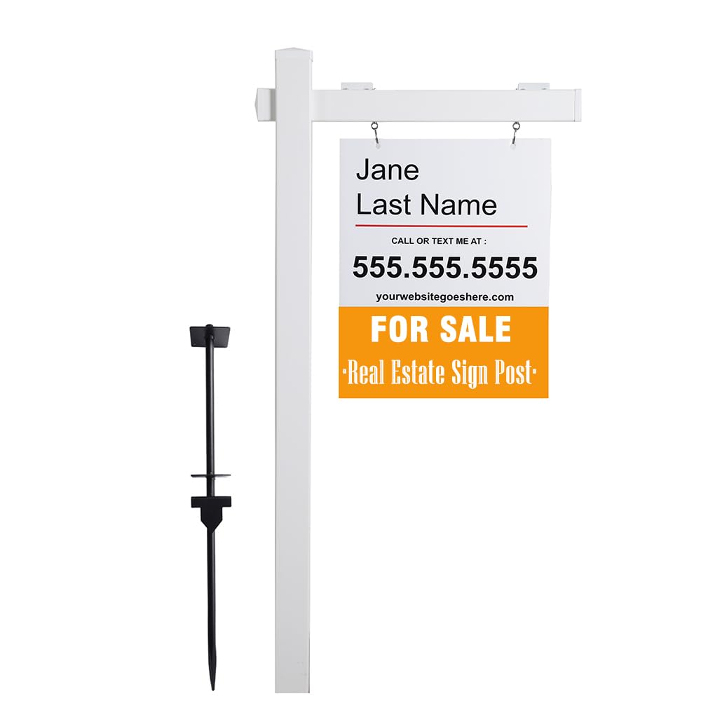 Vinyl PVC Real Estate Sign Post 6' Tall (4"x 4"x 72"), Realtor Yard Sign Post with Flat Cap for Open House and Home for Sale, 36" Arm Holds Up to 24" Sign, White (No Sign)