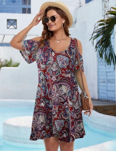 Image of JollieLovin Womens Plus Size Short Sleeve Cold Shoulder V Neck T-Shirt Dress with Pockets