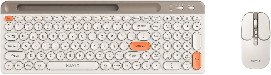 Havit KB835WB Dual Mode Kablosuz Klavye ve Mouse Seti | T rk e Q | Bluetooth + 2.4GHz | Sessiz Tu  | Retro Tasar m Bej