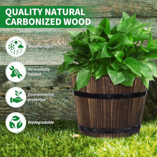 Image of Healeved Wooden Round Barrel Planter Flower Pot for Succulents with Permeable Bottom 7.08X7.08X5.9 Inches Indoor Outdoor Home Office Garden D Cor