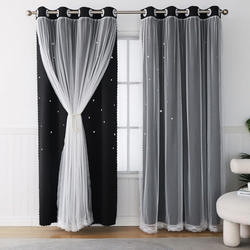 Image of Black Blackout Curtains & Drape 90 Inch Long Sliding Glass Door Star Cutout | Cute Double Layer Curtains White Sheer 2 Panels Girls Bedroom Decor Nursery Divider Room Darkening Window Treatments Cortinas