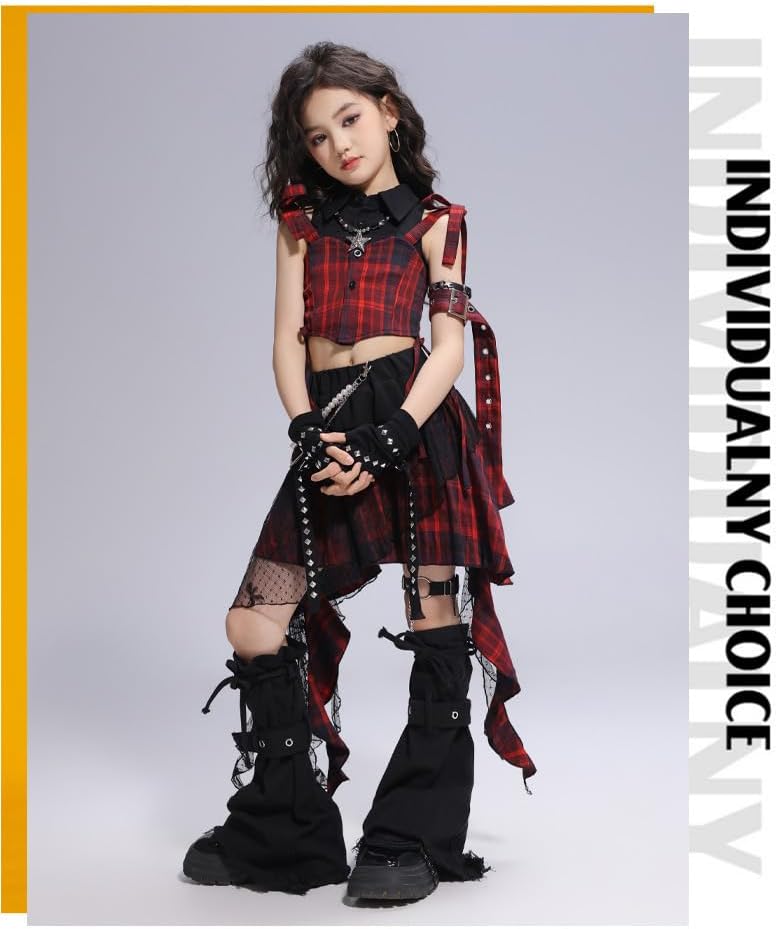 [TRVELBETT] キッズダンス衣装 セットアップ チェック ダンスウェア ステージ衣装 子供服 女の子 チアガールダンス衣装