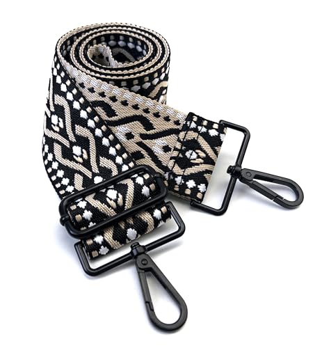 Image of Black Geometric Jacquard Purse Strap with Matte Black Hardware 2 Inch Wide Replacement Crossbody Guitar Style Adjustable Shoulder Strap for Handbags Totes