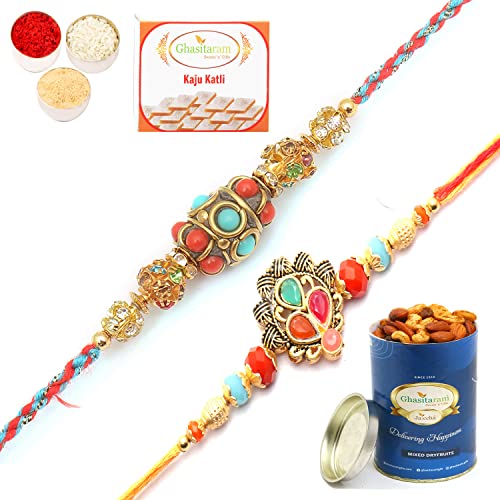 Ghasitaram Gifts Rakhi for Brother Rakhis Online – Set of 2 Beautiful Colours and Blue Ethnic Premium Rakhis with 100 gms of Dryfruits Mix Can 200 gms of Kaju katli Ghasitaram Gifts Rakhi for Brother Rakhis Online – Set of 2 Beautiful Colours and Blue Ethnic Premium Rakhis with 100 gms of Dryfruits Mix Can 200 gms of Kaju katli
