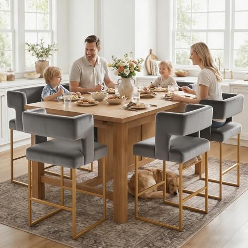 Image of Counter Height Bar Stools Set of 4, Grey Velvet Bar Chair Gold Leg | 26 inch Seat Height Fits Standard Kitchen Islands, Upholstered Barstools, Back Support, Square Metal Legs, Footrest