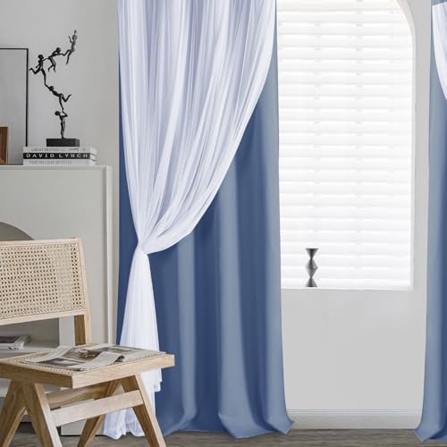 Image of DWCN Blue Blackout Curtains with Sheer Overlay with Tiebacks 63 Inch Long