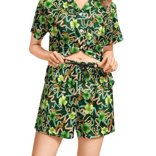 Image of Funny Pajamas for Women Set Print Satin Loungewear Pjs Short Sleeve Button Down Top and Shorts Sets Sleepwear XS-3XL
