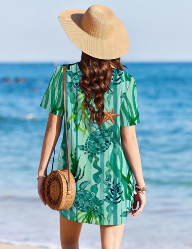 Ekouaer Swimsuit Coverup for Women 2026 Short Sleeve Bathing Suit Cover Ups Beach Summer T-Shirt Dresses with Pockets Turtles Starfish XXL — view 3