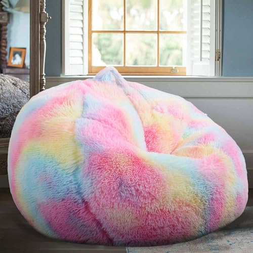 Image of Fluffy Bean Bag Chair for Kids, 2.5FT Round Memory Foam Filled Bean Bag for Teens & Kids, Ultra Soft Faux Fur Fabric Bean Bag Chairs for Playroom, Living Room, Bedroom, Rainbow