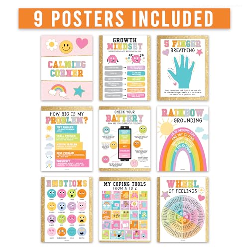 Hadley Designs 9 Calming Corner Posters for Classroom Must Haves - Calm Down Corner Supplies with Emotions Chart, School Counselor Mental Health Poster, Feelings Chart For Kids, Gold Classroom Decor — view 3