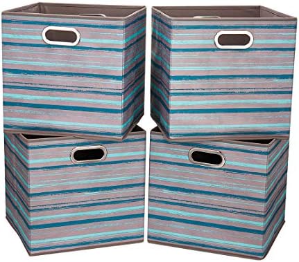 i BKGOO Cloth Storage Bins Set of 4 Thick Fabric Drawers Foldable Cubes Basket Organizer Container with Dual Metal Handles for Shelf Cabinet Bookcase Boxes Gray-Blue stripes 13x13x13 inch