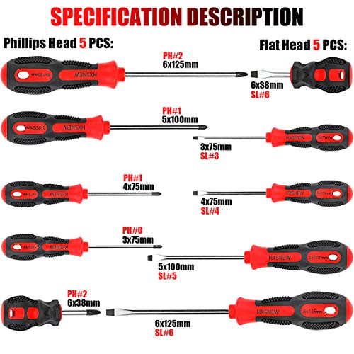 HXSNEW Magnetic Screwdriver Set 10 PCS,5 Phillips and 5 Flat Head Screwdriver Non-Slip for Repair Home Improvement Craft (Red)