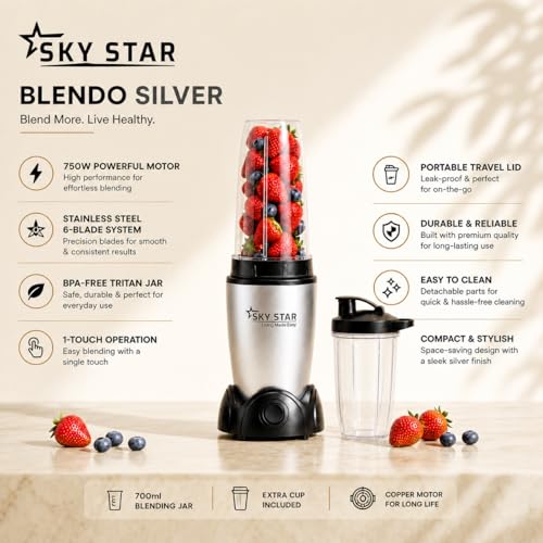 Image of SKYSTAR Blendo 2 Jar Bullet Nutri 750 W Juicer Mixer Grinder For Smoothies, Juice and Protein Shake (2 Jar Blender Nutri | Silver) 4 Year Warranty