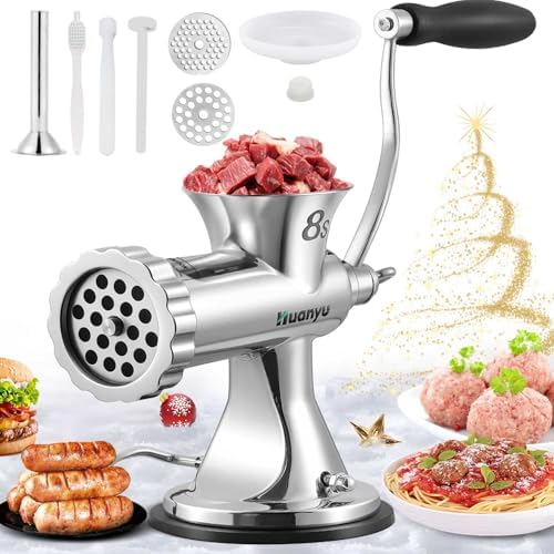 Huanyu Manual Meat Grinder Sausage Stuffer Filler Hand Crank Mincer Stainless Steel Meat Processor Grinding Machine Ground Chopper Home Use for Beef Chicken Rack chili etc. Dishwasher Safe