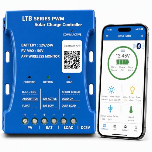 Solar Charge Controller 20A with Bluetooth – 12V/24V Auto Detect, LCD Display & USB Port...