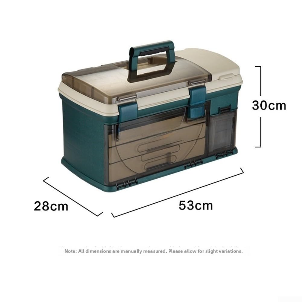 Grande Scatola per Attrezzatura da Pesca con cassetti a 3 Strati, 53 x 28 x 30 cm, Organizer per Esche per Pesca in Mare, Slot fissi Profondi e Chiusure di bloccaggio rinforzate, Verde