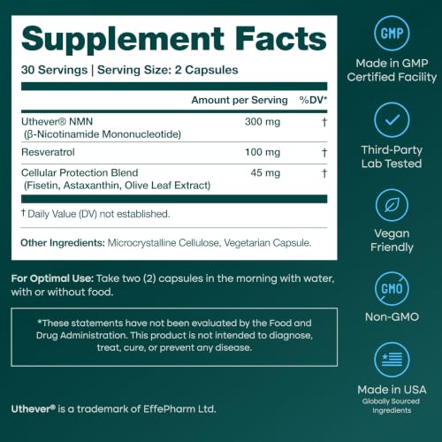 Image of NMN Supplement (5-in-1) NAD+ Booster with Resveratrol - Cellular Energy, Focus & Healthy Aging Support for Men and Women - Mitochondria Formula w Fisetin, Astaxanthin, Olive Leaf, Vegan, Made in USA