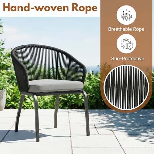 Image of DEVOKO 3 Piece Rope Patio Bistro Set with Cushions - Perfect for Balcony, Poolside, Lawn, Garden & Outdoor Meals with Friends and Family (Black and Gray)