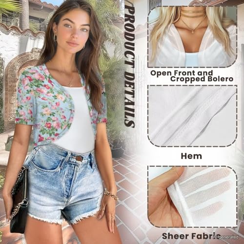 Image of Womens Short Sleeve Cardigans Lightweight Summer Cardigan Trendy Bolero Shrug Cute Floral Cardigan Sheer Bolero
