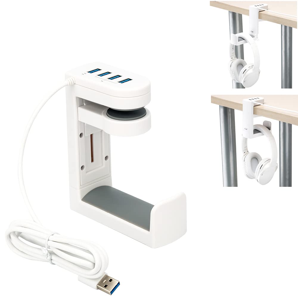 2in1 Under Desk Headphone Headset Stand Holder, Headphones Hook Hanger Mount for Desk, PC Gaming Accessories with 4 Ports USB 3.0 2.0 Data Hub Station Organizer, Adjustable Rotating Arm Clamp - White -