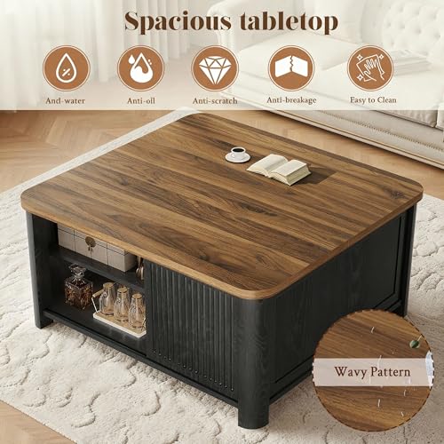 Image of Decofy Lift Top Coffee Table with Storage, Square Coffee Table with Large Hidden Storage & Adjustable Shelves, Farmhouse Center Table with Sliding Door for Living Room, Home Office, Black
