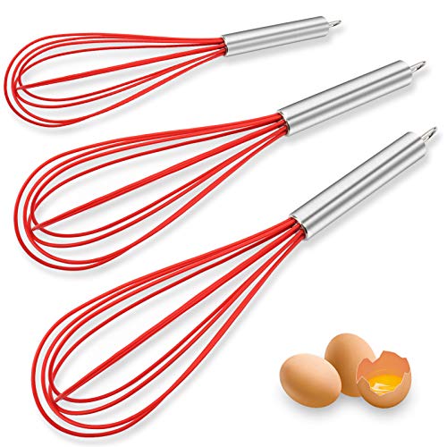 Silicone Whisk Set UTILITI 3 Pack Wire Whisk Kitchen Wisks for Cooking for Blending Whisking Beating Stirring RED