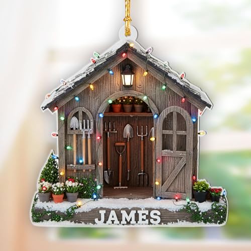Personalized Garden Tools Christmas Ornaments 2025 – Custom Wooden Garden Shed with Tools, 2D Flat Acrylic Greenhouse Christmas Tree Ornaments, Unique Gifts for Gardeners Women Plant Lovers