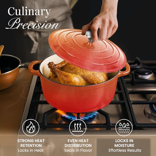 Image of Cast Iron Dutch Oven with Lid-Non-Stick Ovenproof Enamelled Casserole Pot- Sturdy Dutch Oven Cookware - Orange, 7.3- Quart, 30cm- by Nuovva