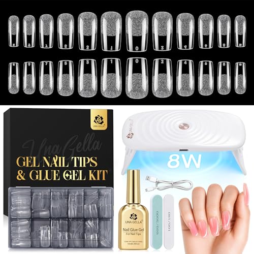 Image of UNA GELLA Medium Square Gel Nail Tips Kit, 120Pcs Nail Tips with Nail Glue | Pre Etched Fake Nails, Mini LED Nail Lamp for Nails Extension DIY Salon at Home 12 Sizes