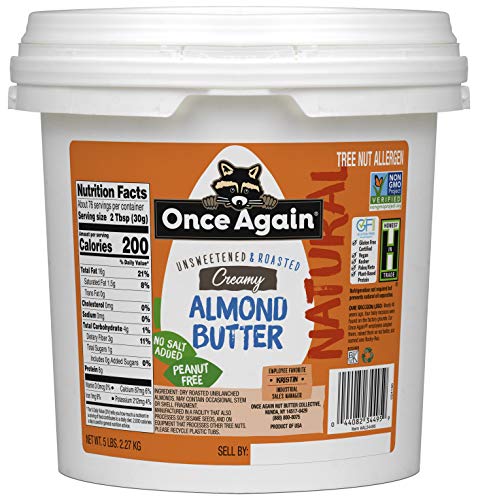 Once Again Natural Creamy Almond Butter, 5lb Pantry Pal (same as 5 jars) - Roasted - Salt Free, Unsweetened - Gluten Free Certified, Peanut Free, Vegan, Kosher, Paleo